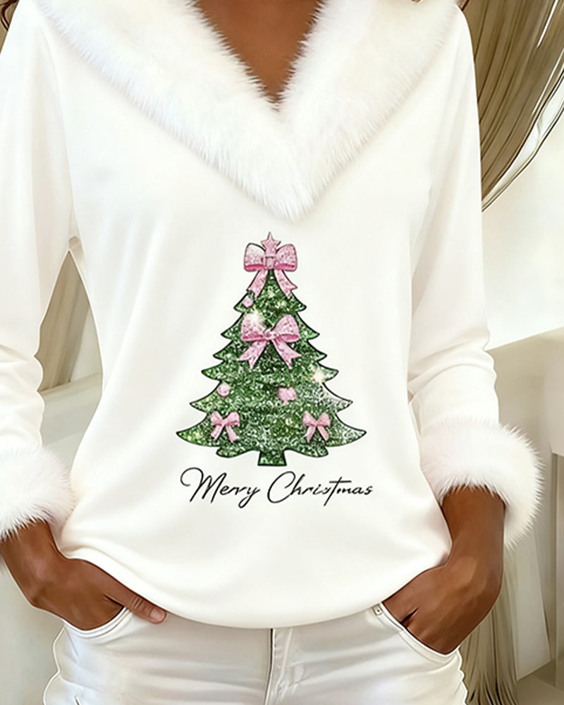 Women's V-neck Christmas jumper with fur trim and tree graphic