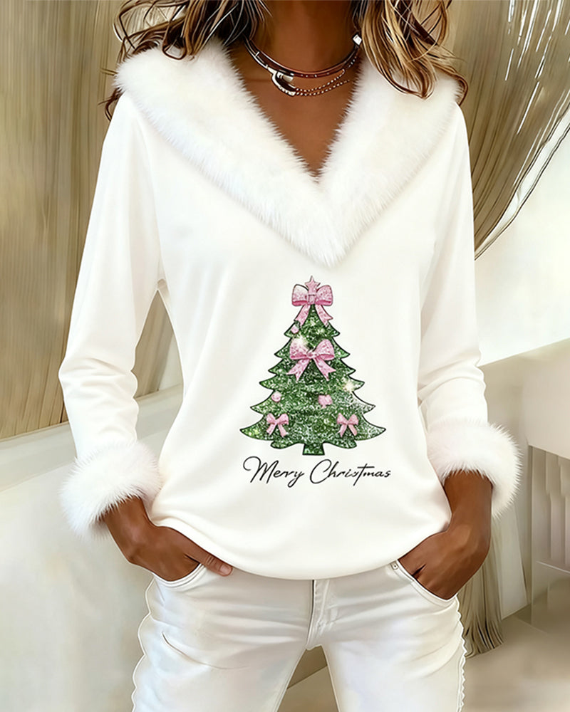 Women's V-neck Christmas jumper with fur trim and tree graphic
