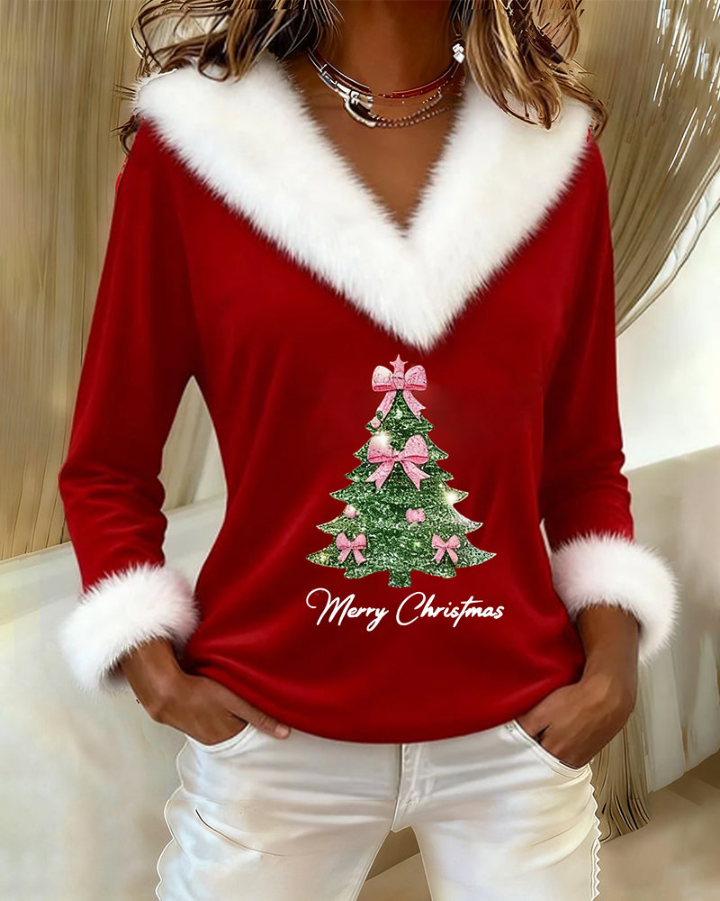 Women's V-neck Christmas jumper with fur trim and tree graphic