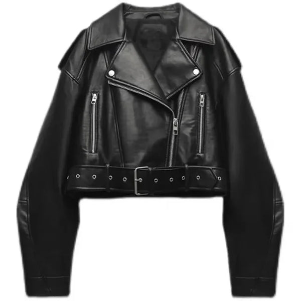 Women's cropped biker jacket with belt, diagonal zip and long sleeves