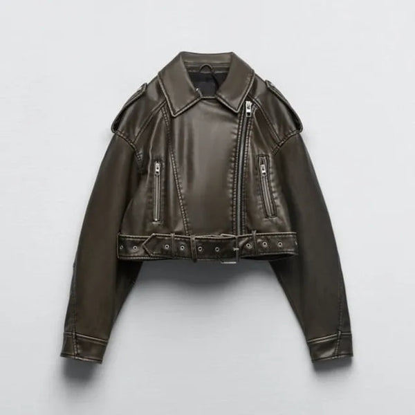 Women's cropped biker jacket with belt, diagonal zip and long sleeves