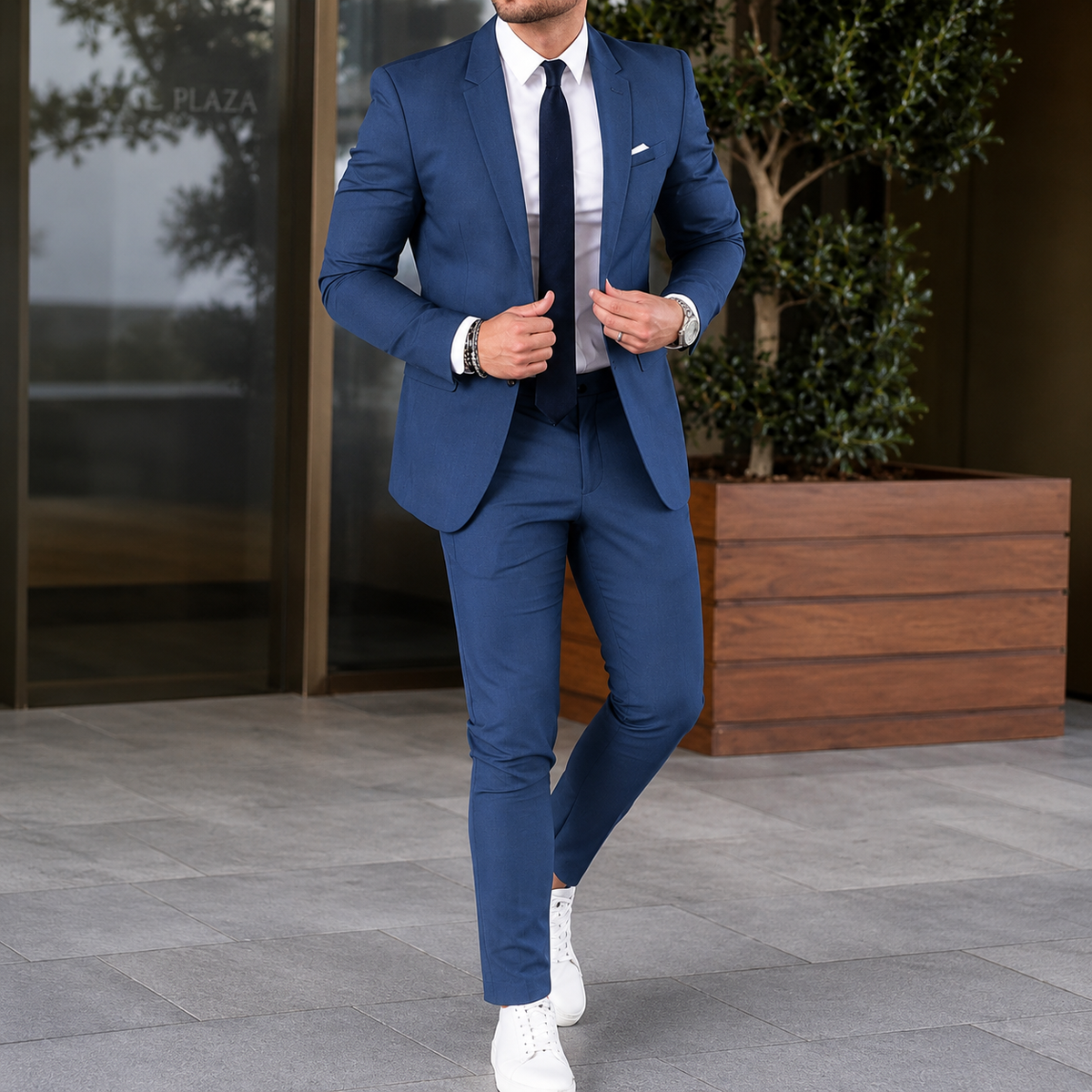 Men's two-piece suit with tailored jacket and slim trousers