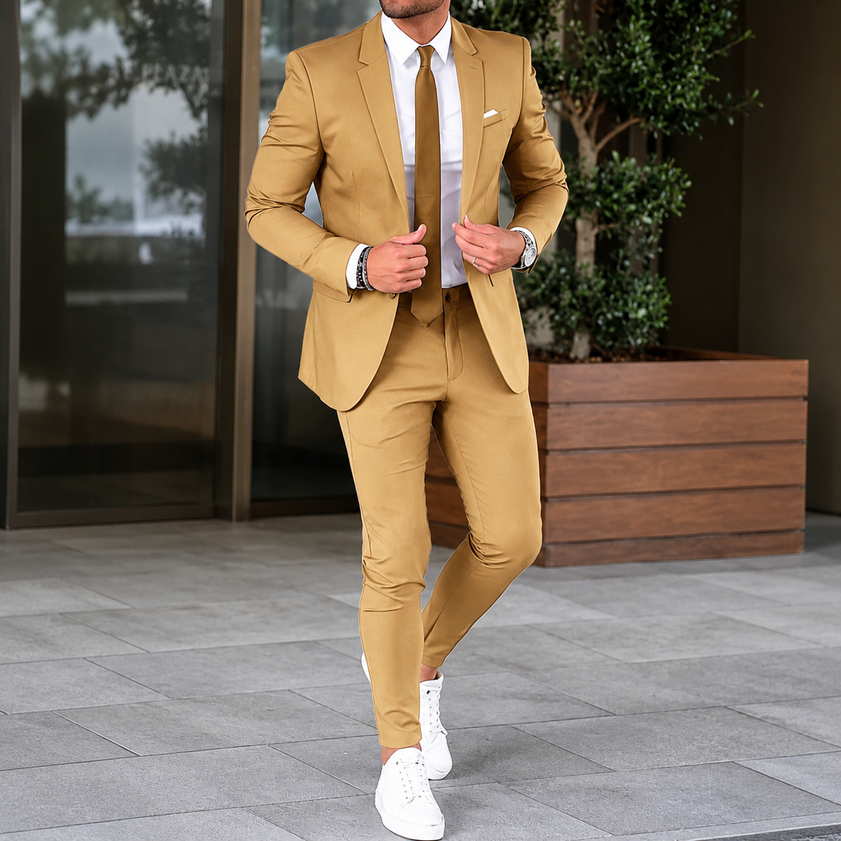 Men's two-piece suit with tailored jacket and slim trousers