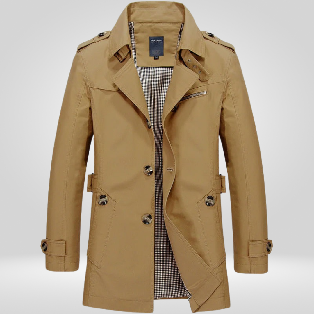 Men's belted trench coat with button front, long sleeves and checked lining