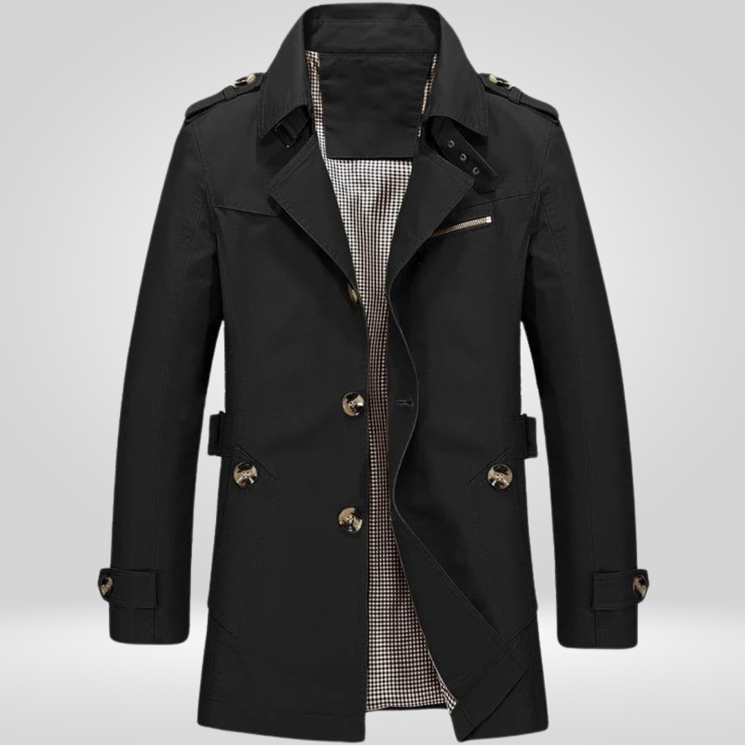 Men's belted trench coat with button front, long sleeves and checked lining