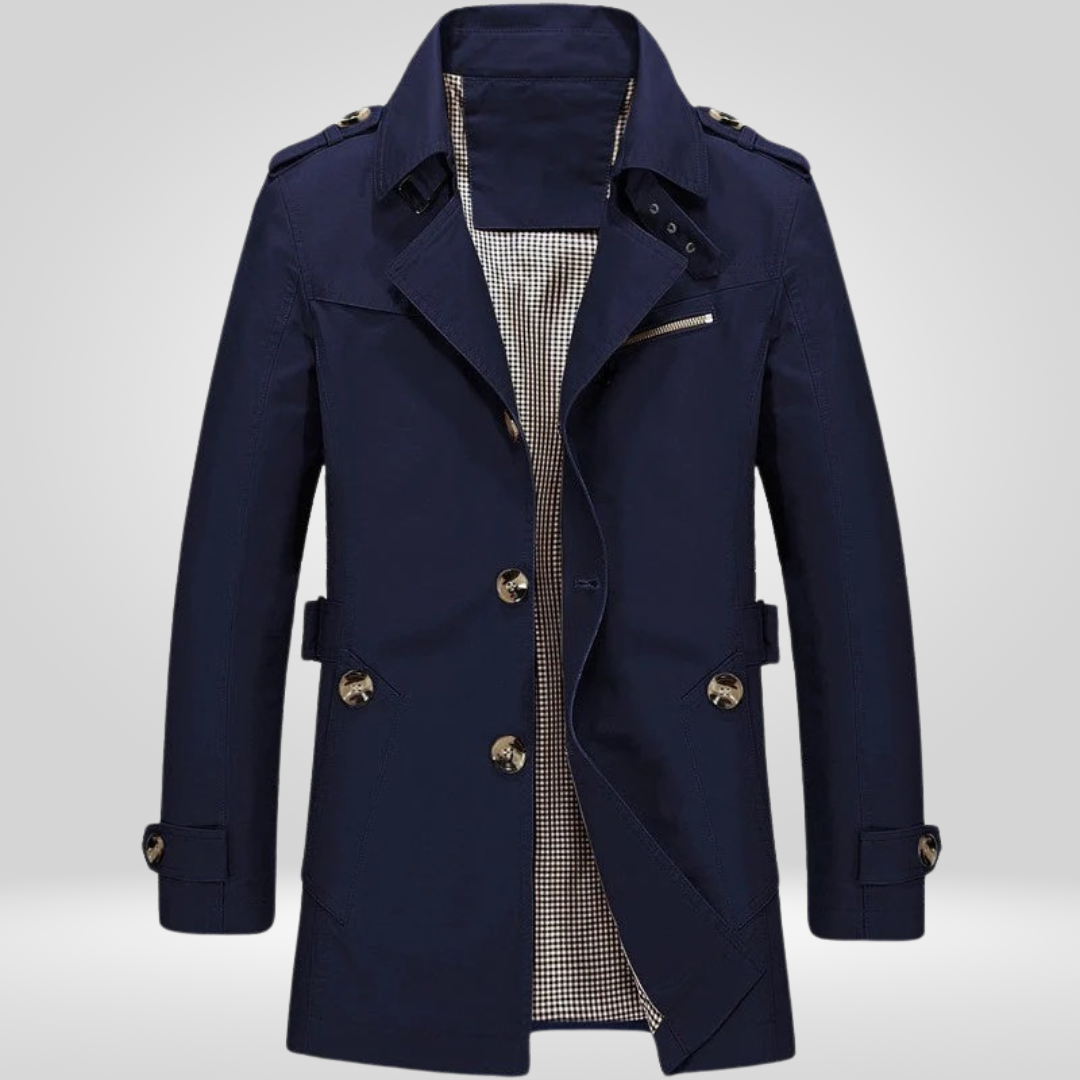 Men's belted trench coat with button front, long sleeves and checked lining