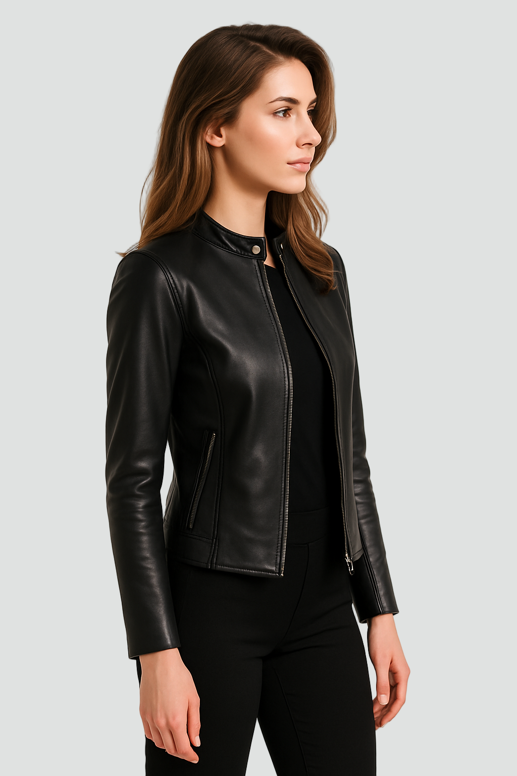Women's short jacket with stand collar, long sleeves and front zip