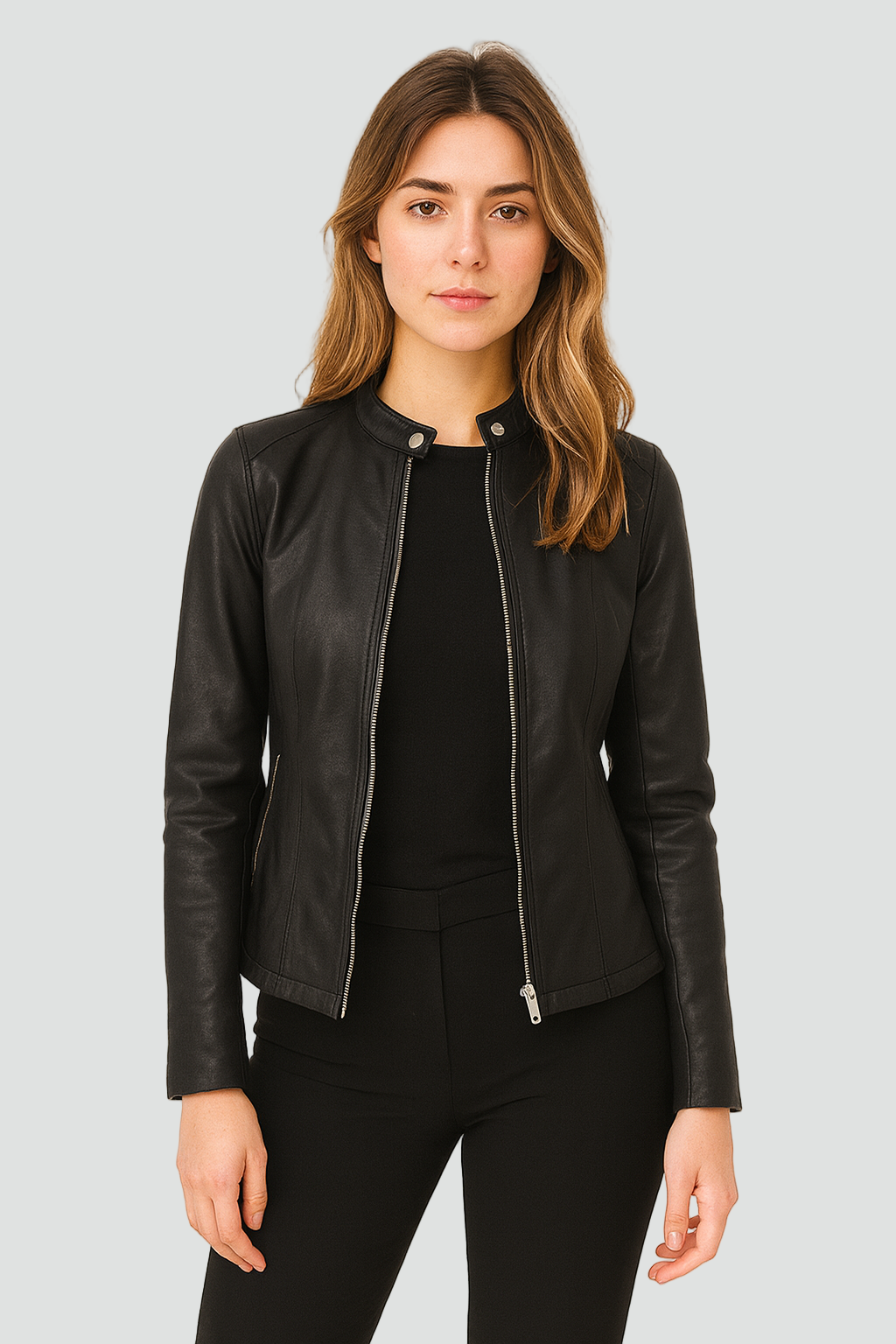 Women's short jacket with stand collar, long sleeves and front zip