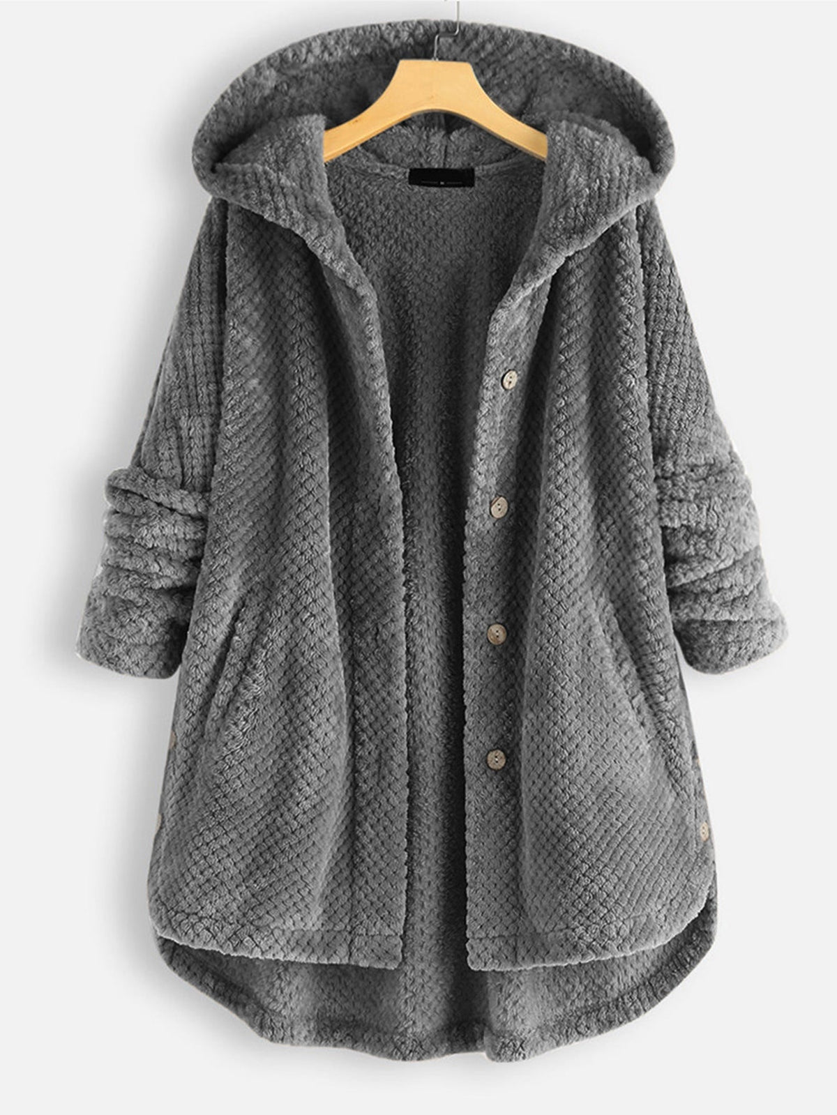 Women's hooded textured longline jacket with button front and curved hem