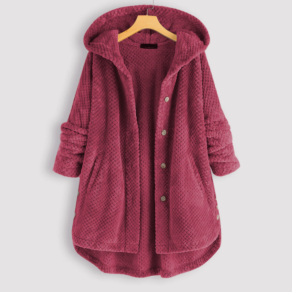 Women's hooded textured longline jacket with button front and curved hem