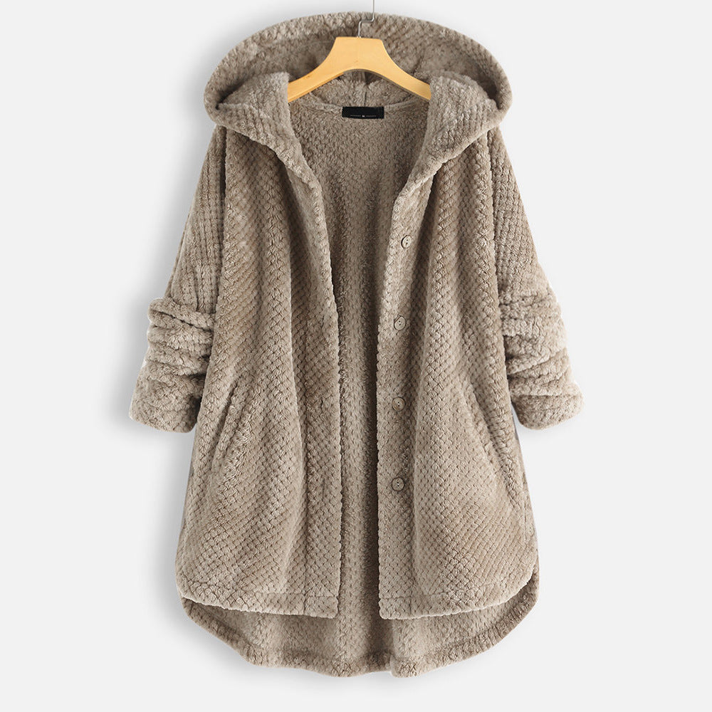Women's hooded textured longline jacket with button front and curved hem