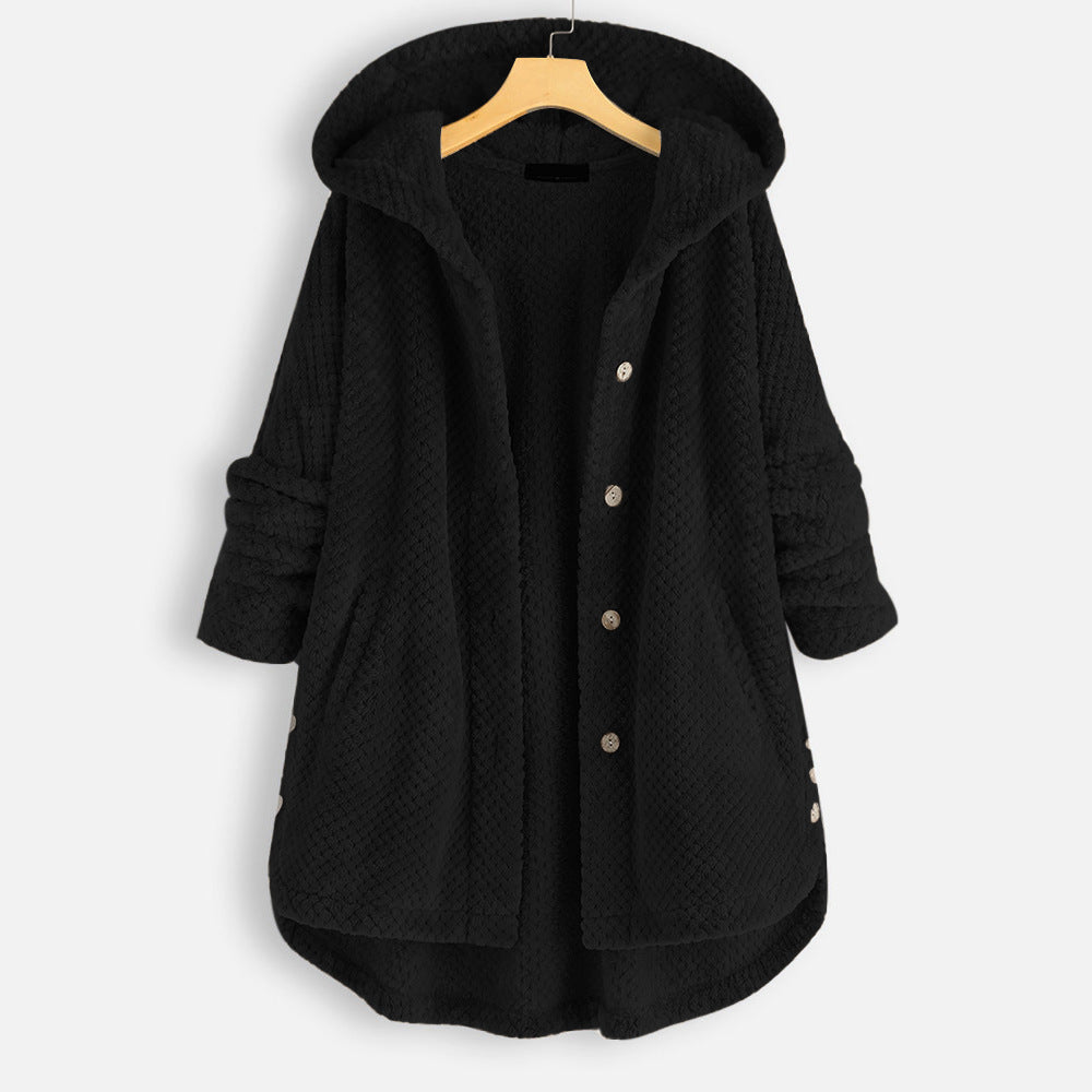 Women's hooded textured longline jacket with button front and curved hem