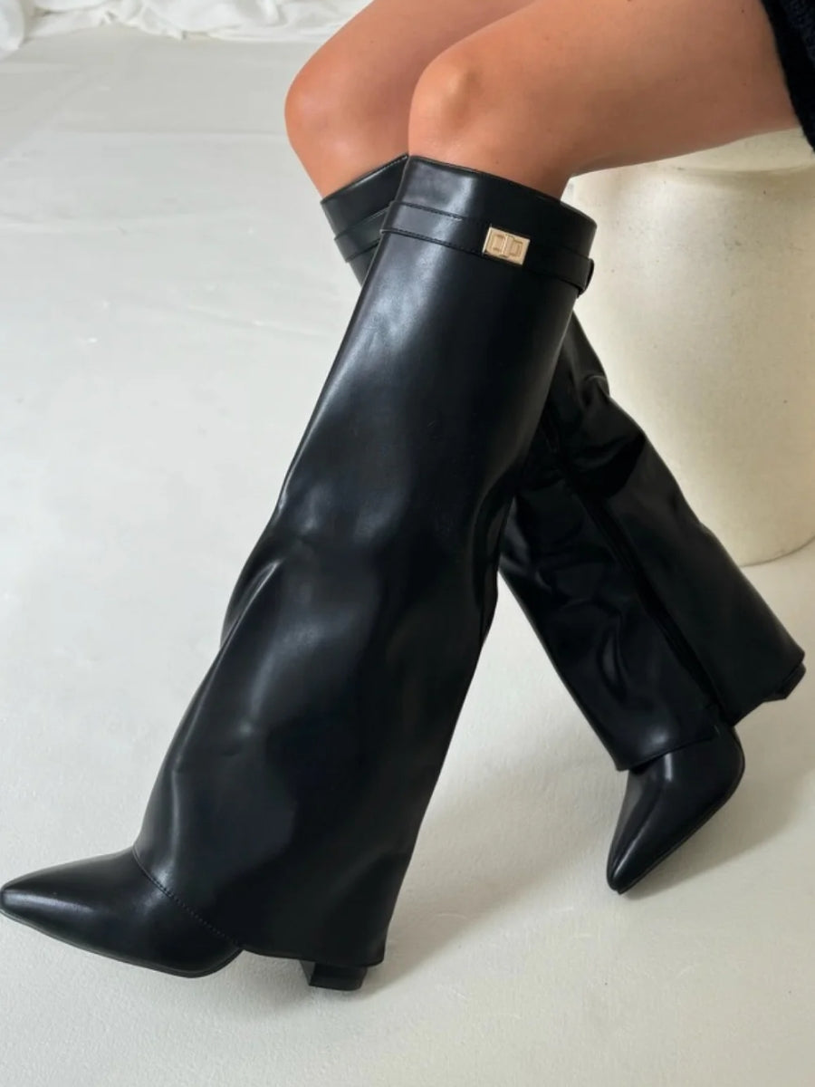 Women's knee-high pointed-toe boots with low block heels, side zips and metal shaft trim