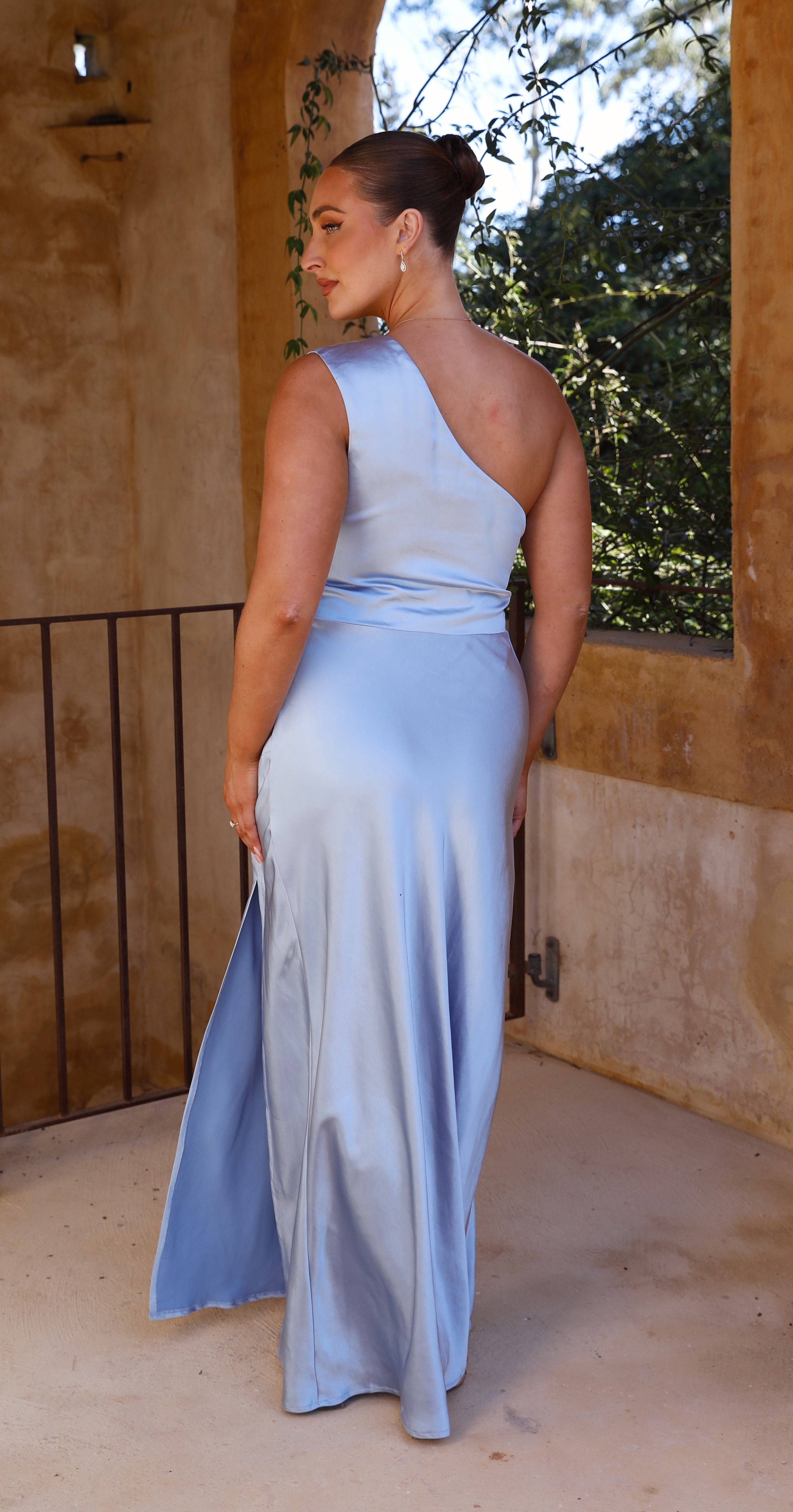 Women's One Shoulder Maxi Dress Side Split Gathered Fit Elegant | Blue