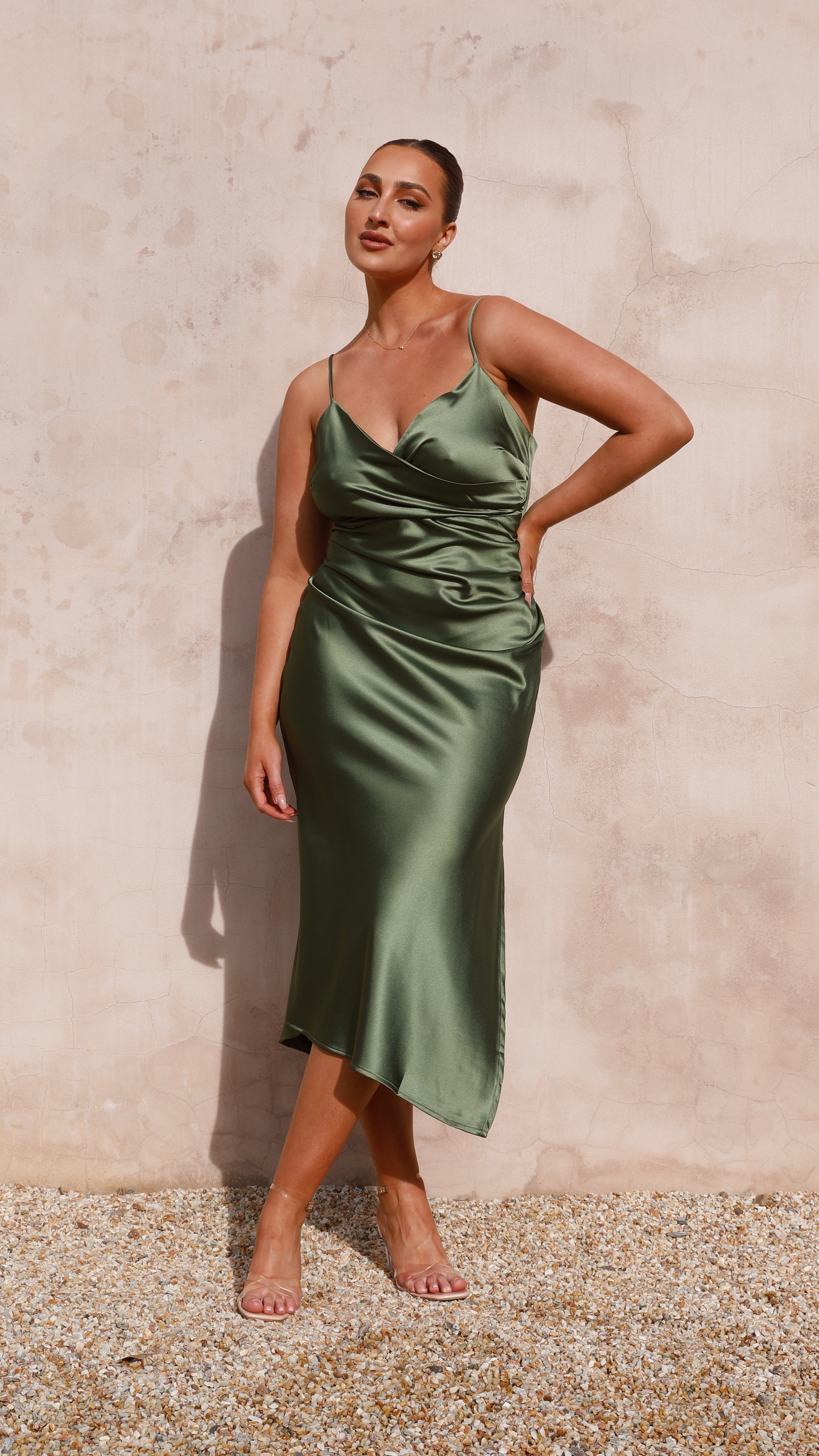 Women's Cowl Neck Midi Dress Ruched Side Split Strap Fit | Olive Green