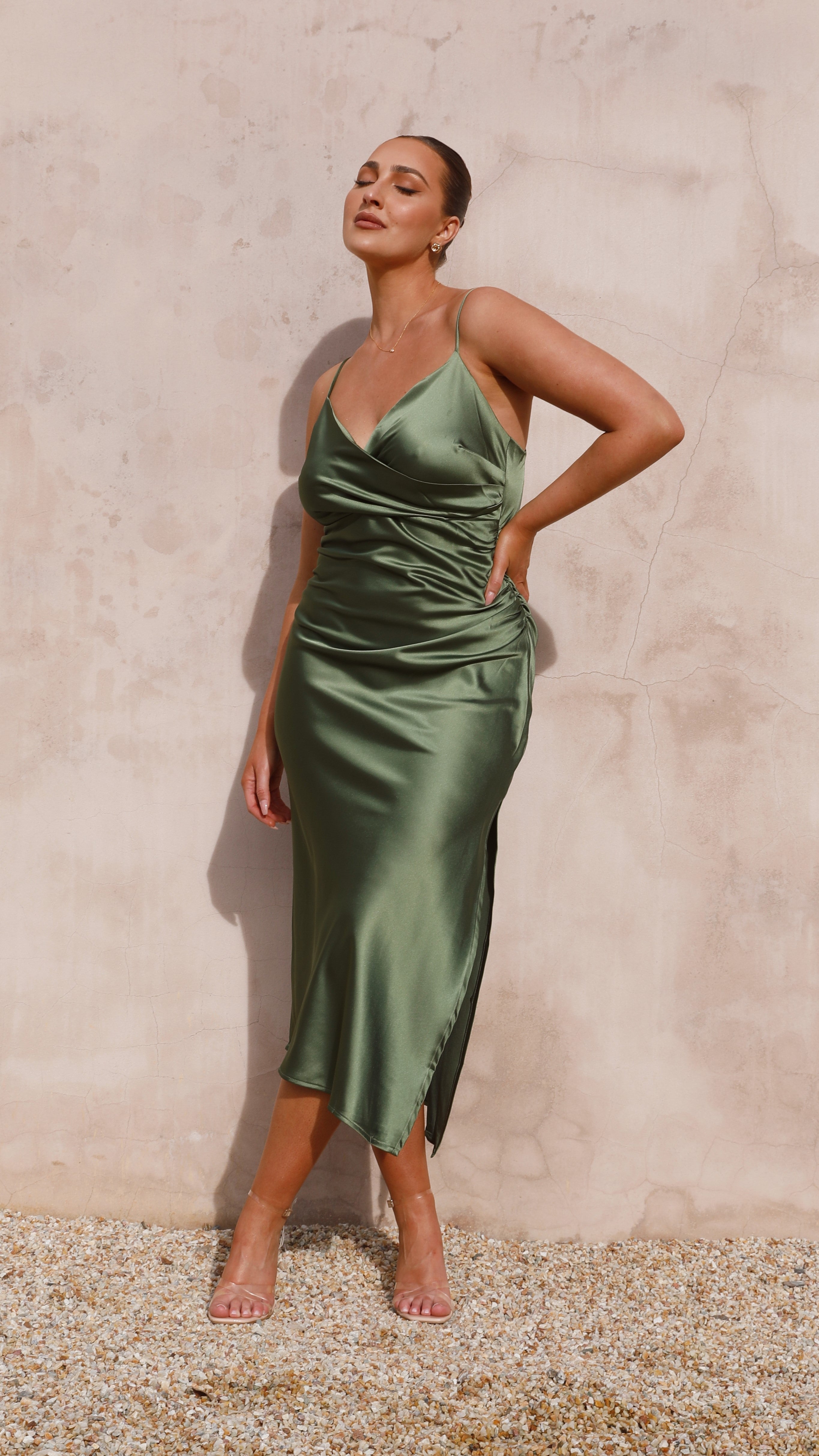Women's Cowl Neck Midi Dress Ruched Side Split Strap Fit | Olive Green