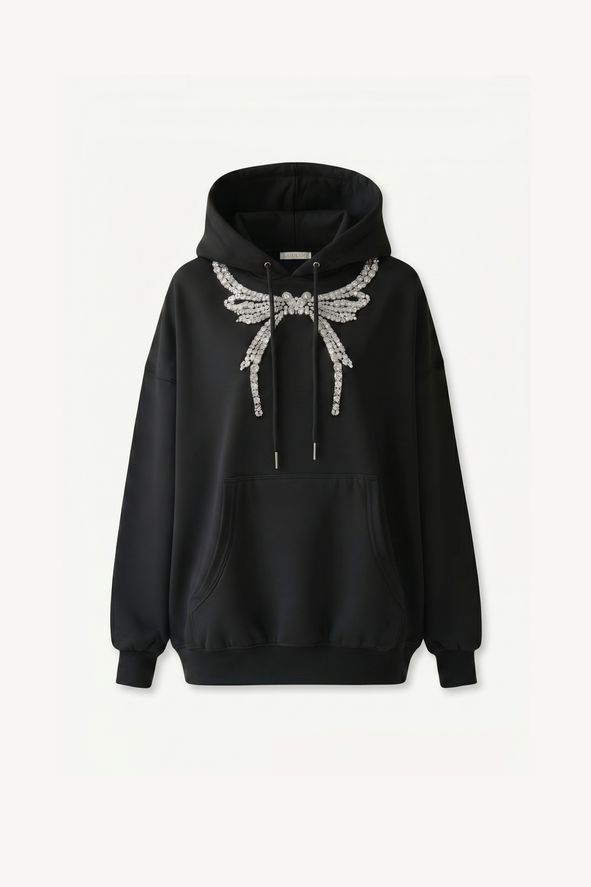 Women's dark hooded hoodie with embellished wing and bow motif, long sleeves and kangaroo pocket