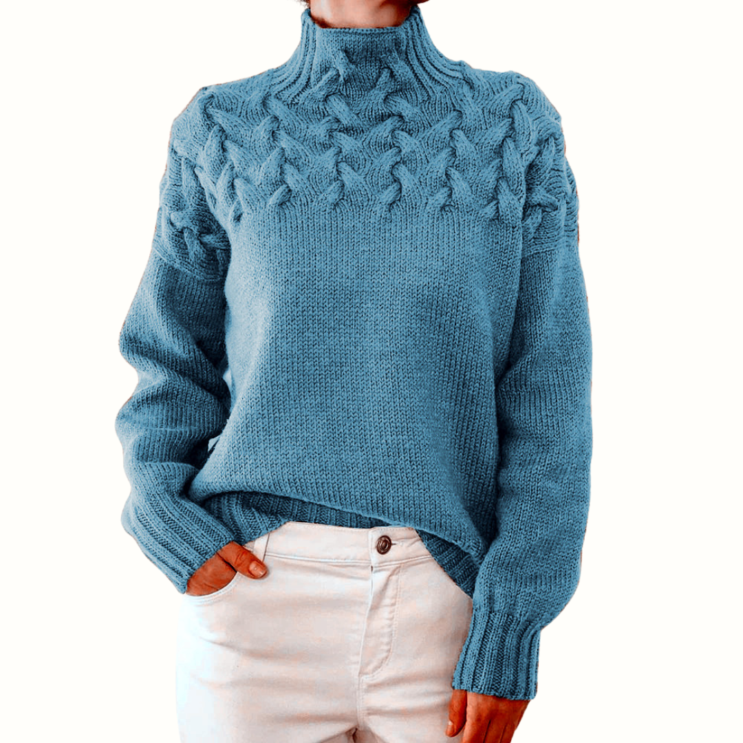 Women's cable-knit turtleneck sweater with long sleeves and ribbed trims