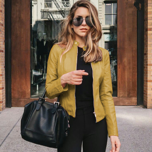 Fitted zip-front jacket with stand collar and long sleeves