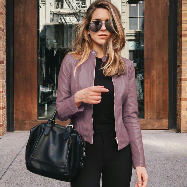 Fitted zip-front jacket with stand collar and long sleeves