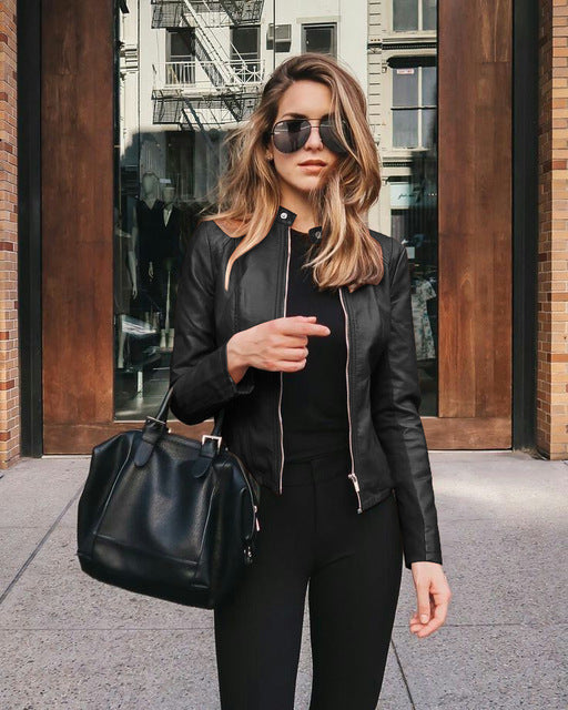 Fitted zip-front jacket with stand collar and long sleeves