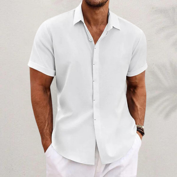 Men's short sleeve collared button shirt with open neckline and curved hem