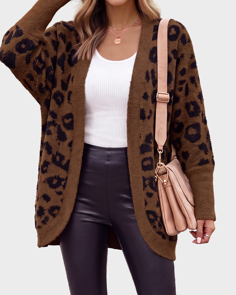 Women's open-front leopard-print knit cardigan with long sleeves