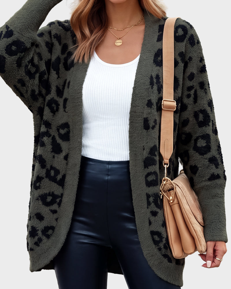 Women's open-front leopard-print knit cardigan with long sleeves