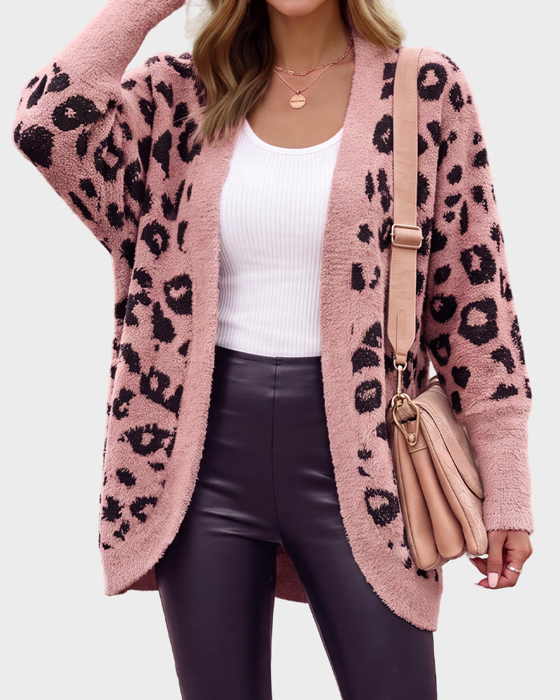 Women's open-front leopard-print knit cardigan with long sleeves