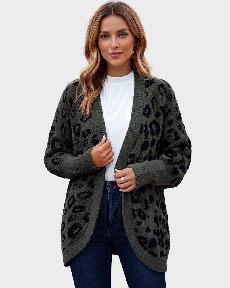Women's open-front leopard-print knit cardigan with long sleeves