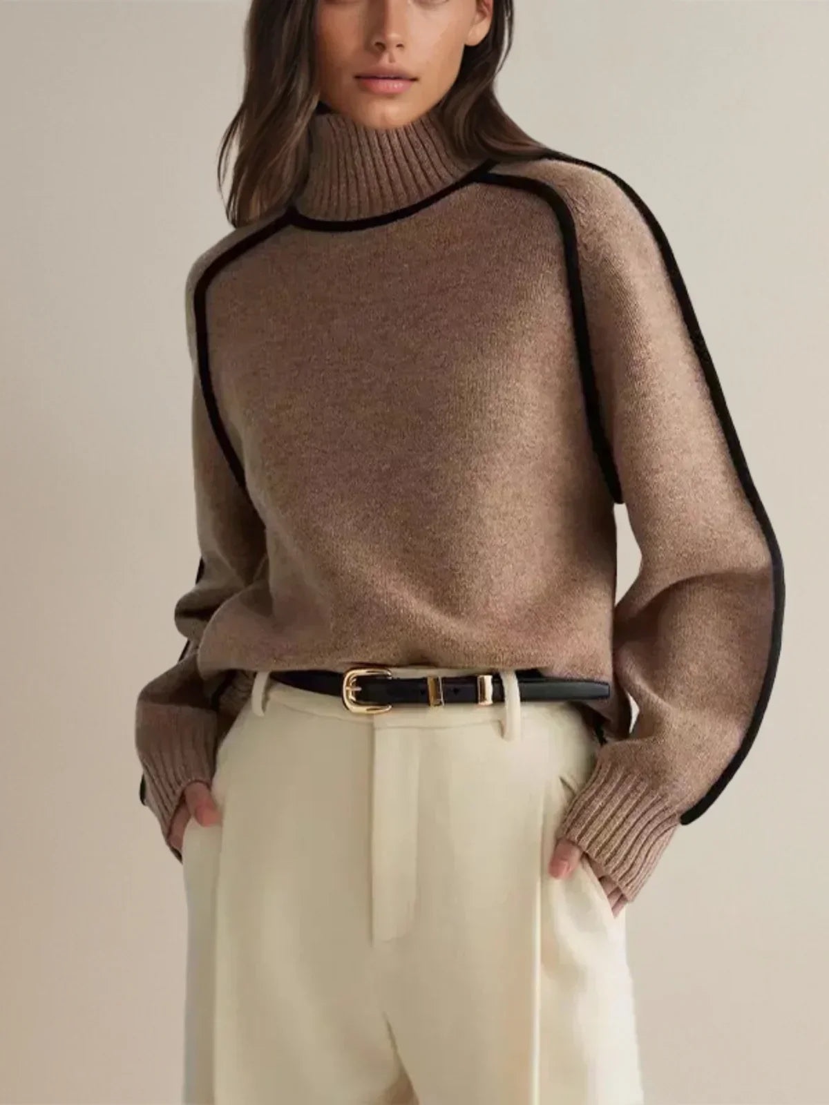 Women's oversized roll-neck jumper with contrasting trim and long sleeves