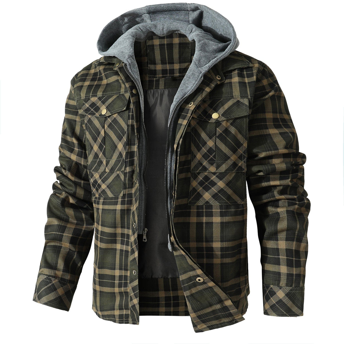 Men's checked hooded jacket with long sleeves, front zip and flap pockets