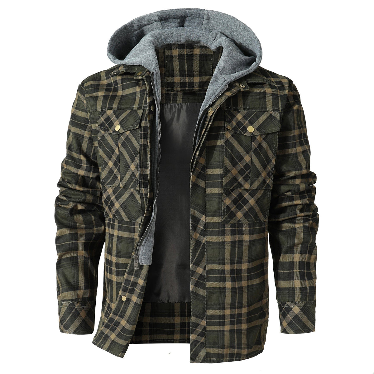 Men's checked hooded jacket with long sleeves, front zip and flap pockets