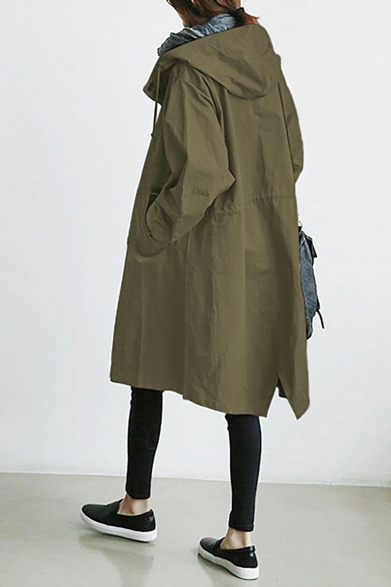 Women's hooded button-front trench coat with long sleeves and side pockets