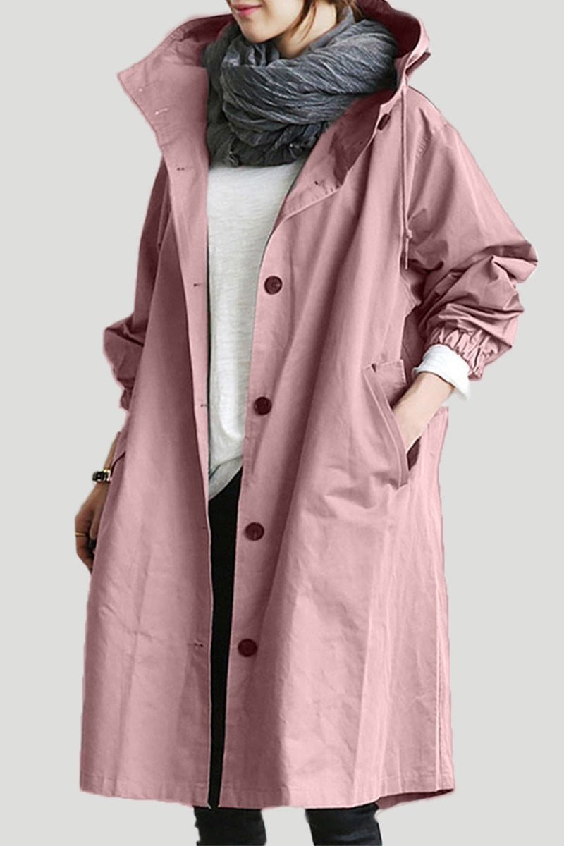 Women's hooded button-front trench coat with long sleeves and side pockets