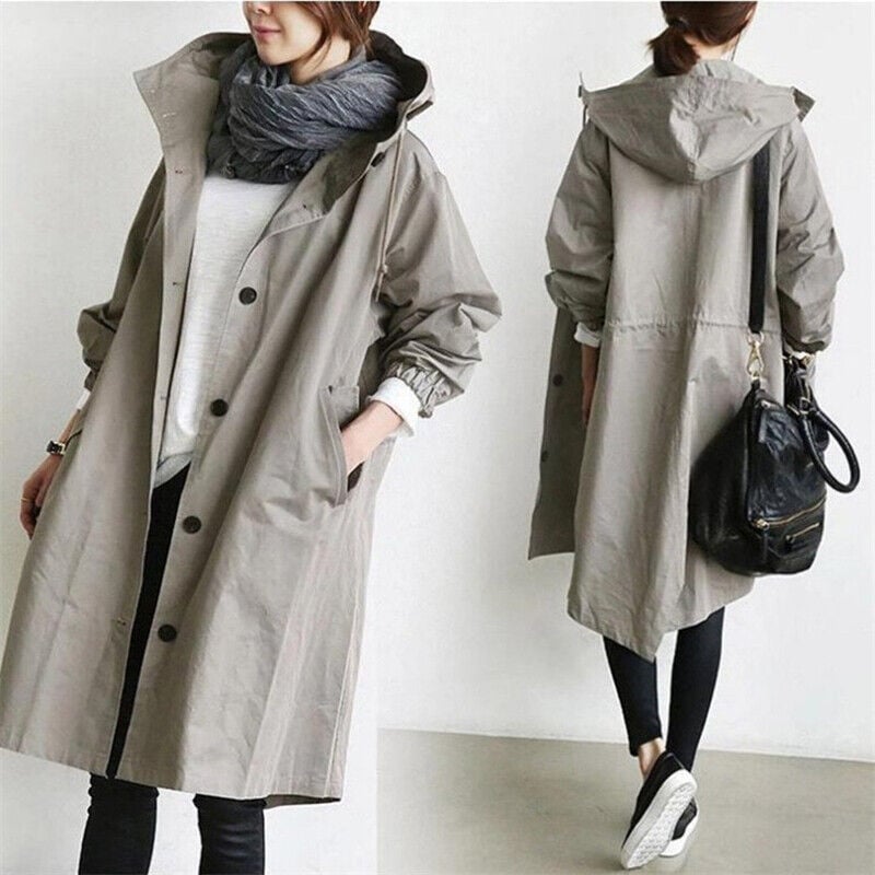 Women's hooded button-front trench coat with long sleeves and side pockets