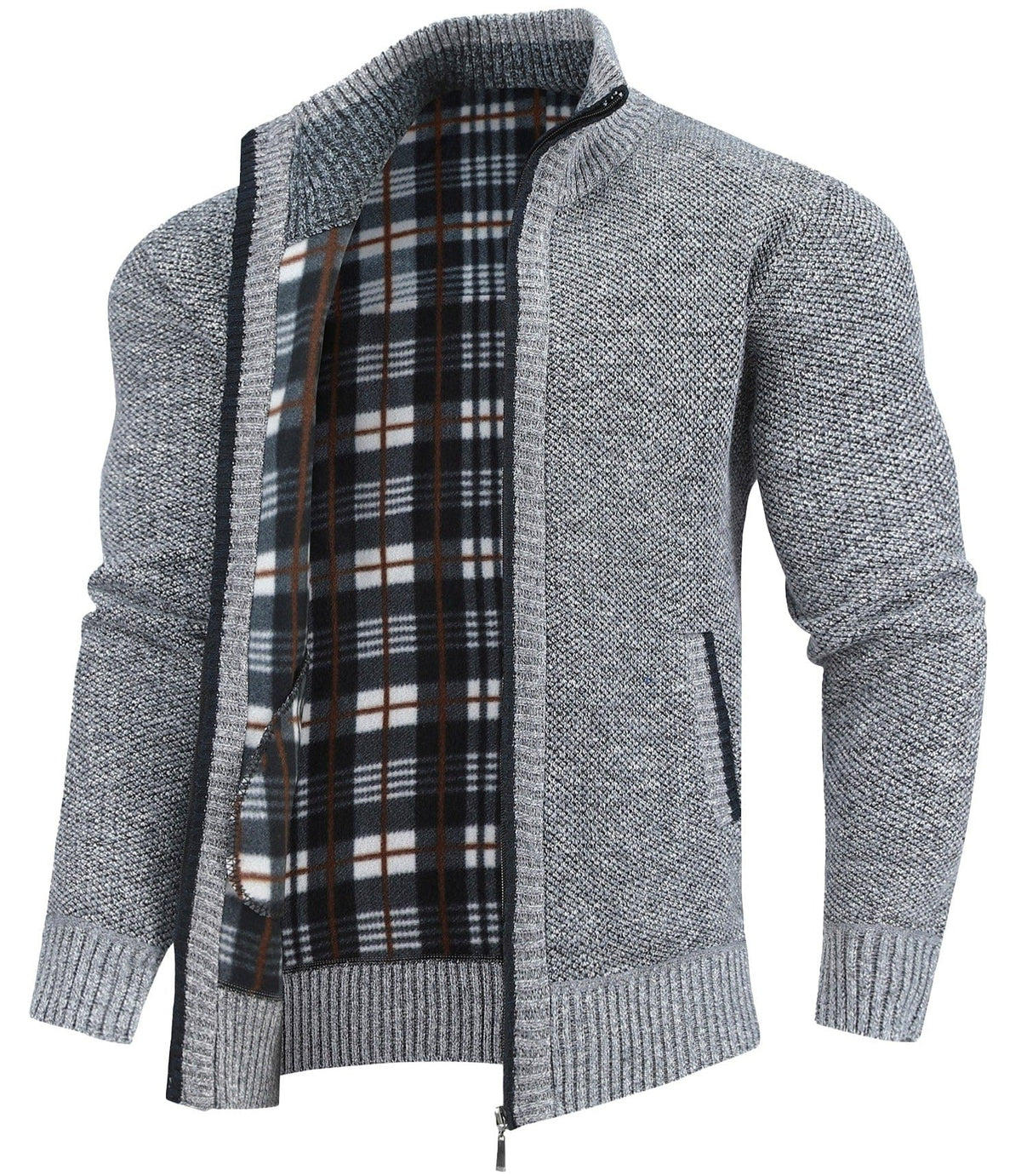 Men's textured knitted sweater jacket with mock neck, front zip and welt pockets