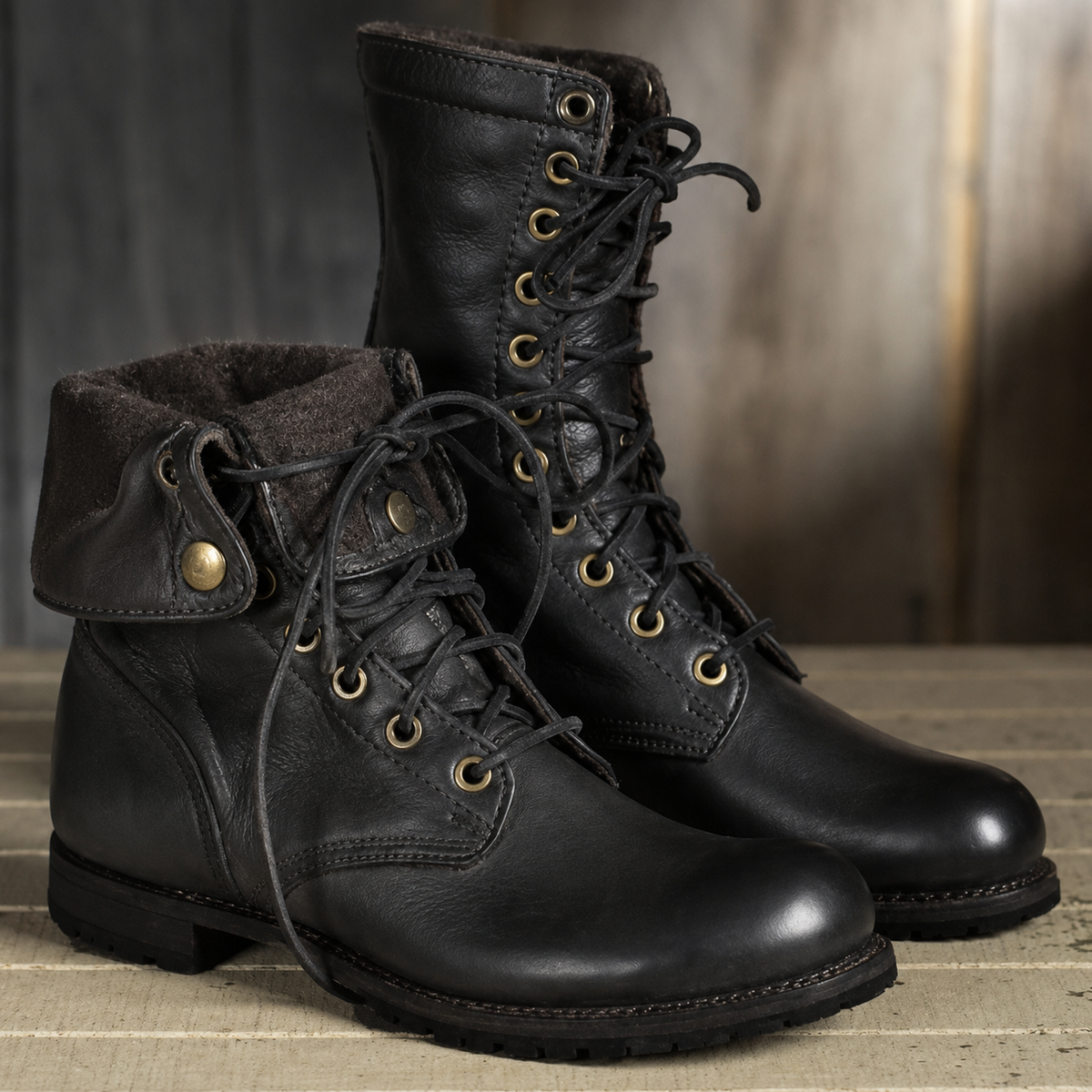 Men's high ankle lace-up boots with round toes, low heels and treaded soles