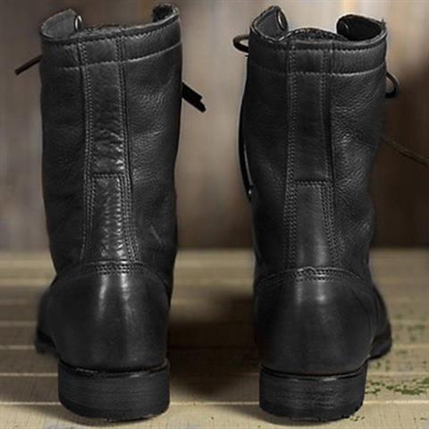 Men's high ankle lace-up boots with round toes, low heels and treaded soles