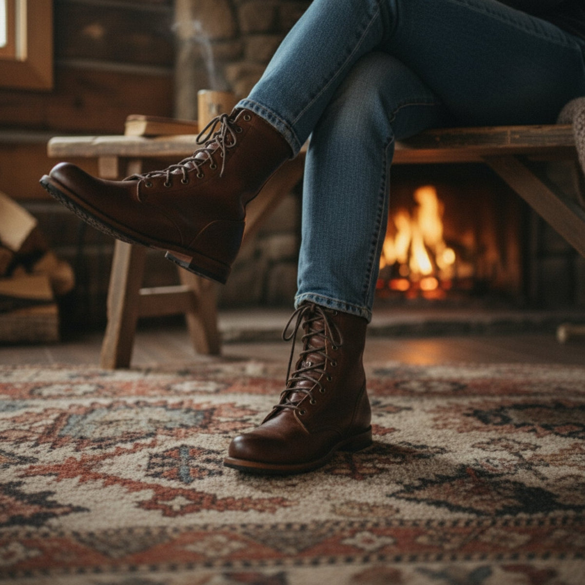 Men's high ankle lace-up boots with round toes, low heels and treaded soles