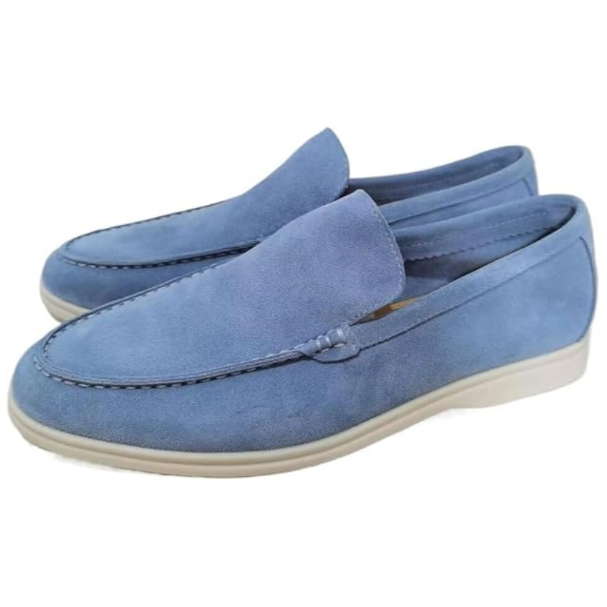 Men's slip-on moc toe loafers with stitched detail and flat light soles