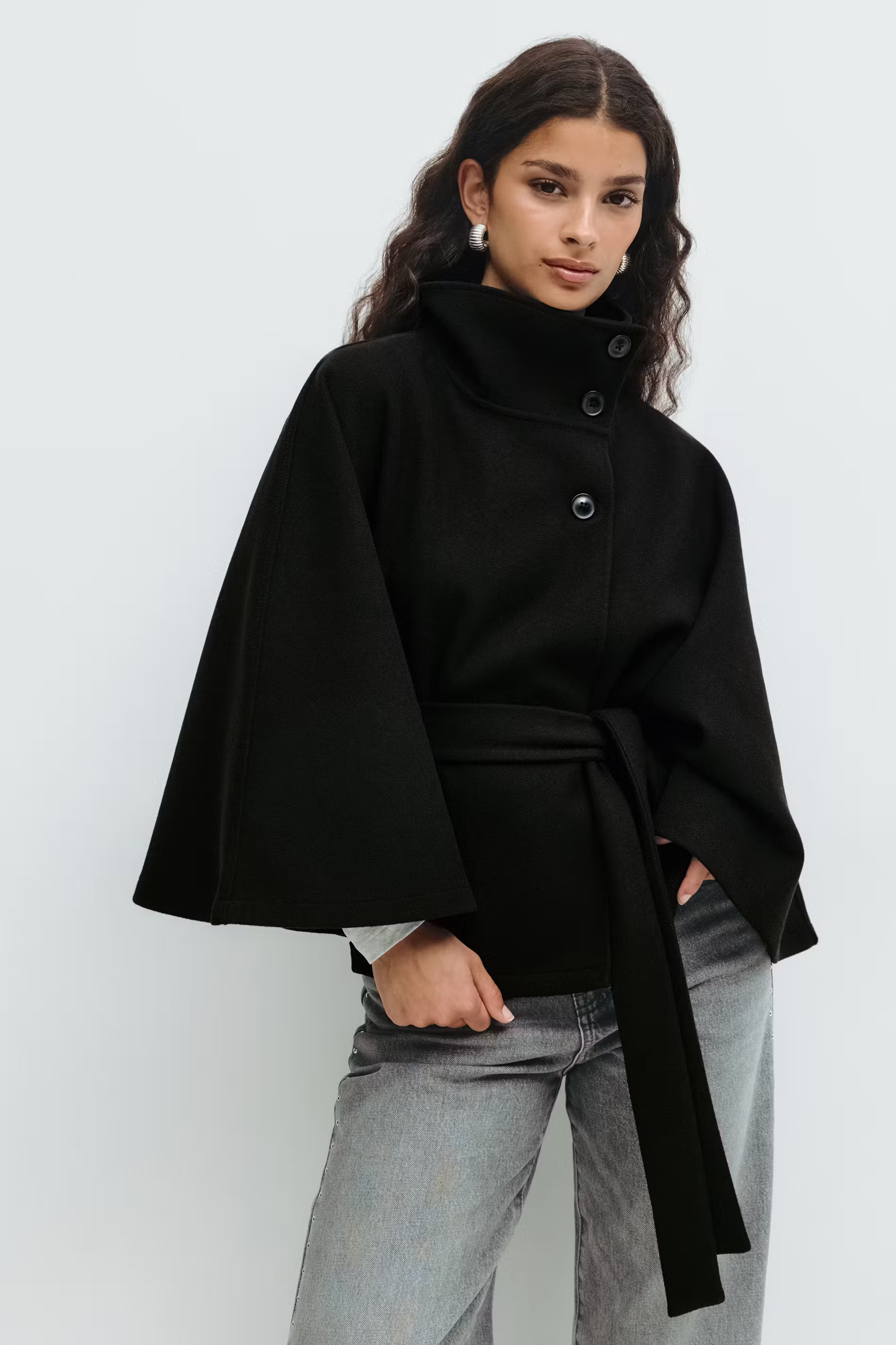 Women's Cape Coat Belted High Collar - White