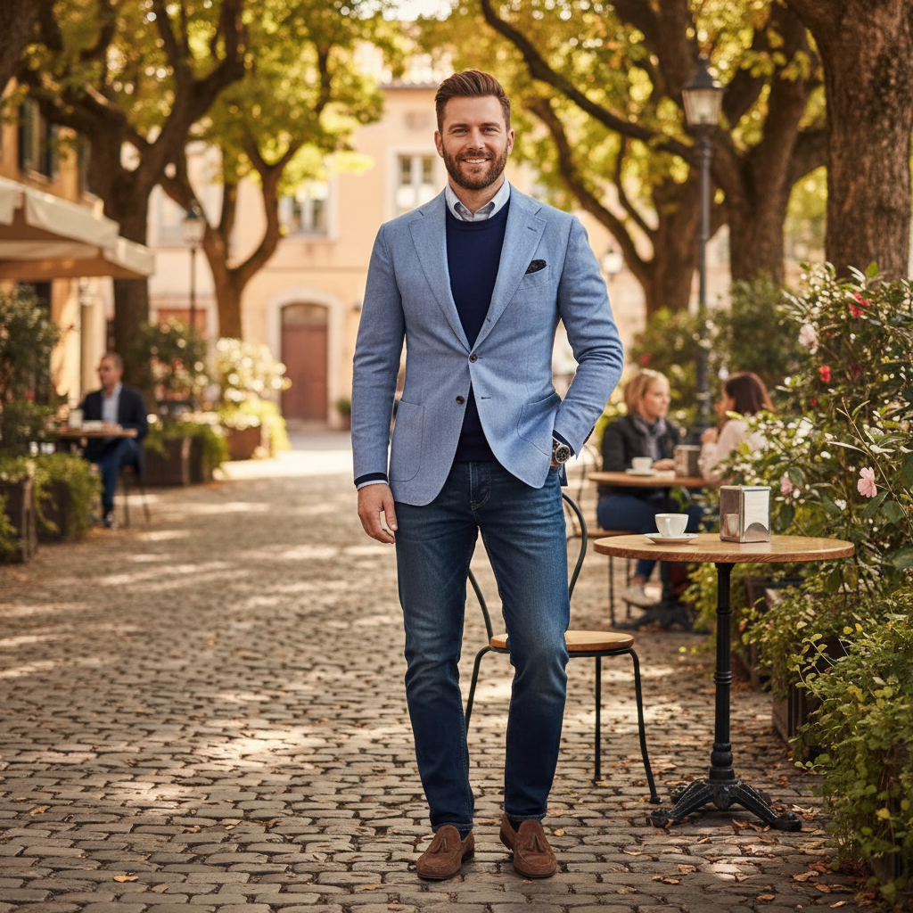 Men's notch lapel blazer with button front, long sleeves and flap pockets