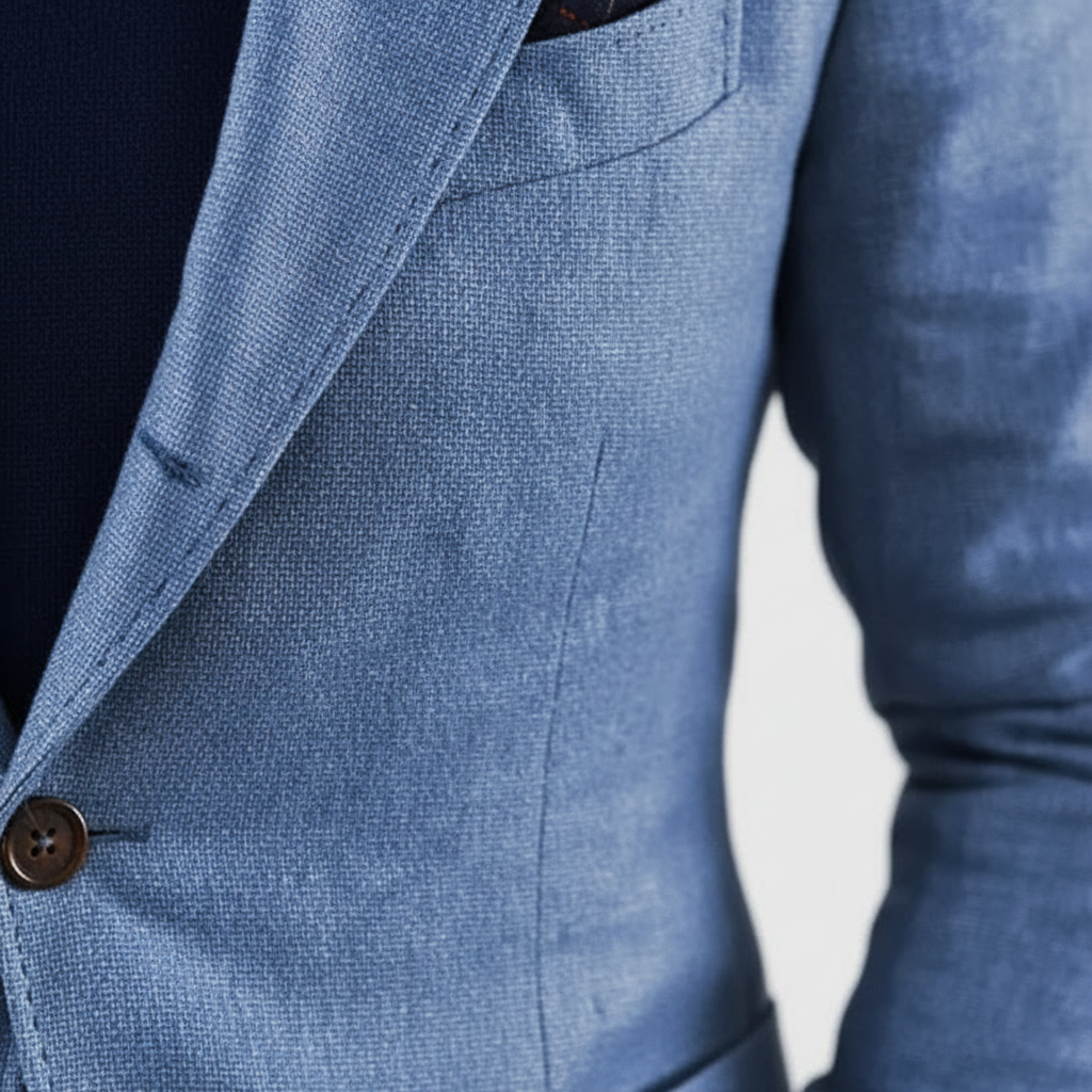 Men's notch lapel blazer with button front, long sleeves and flap pockets