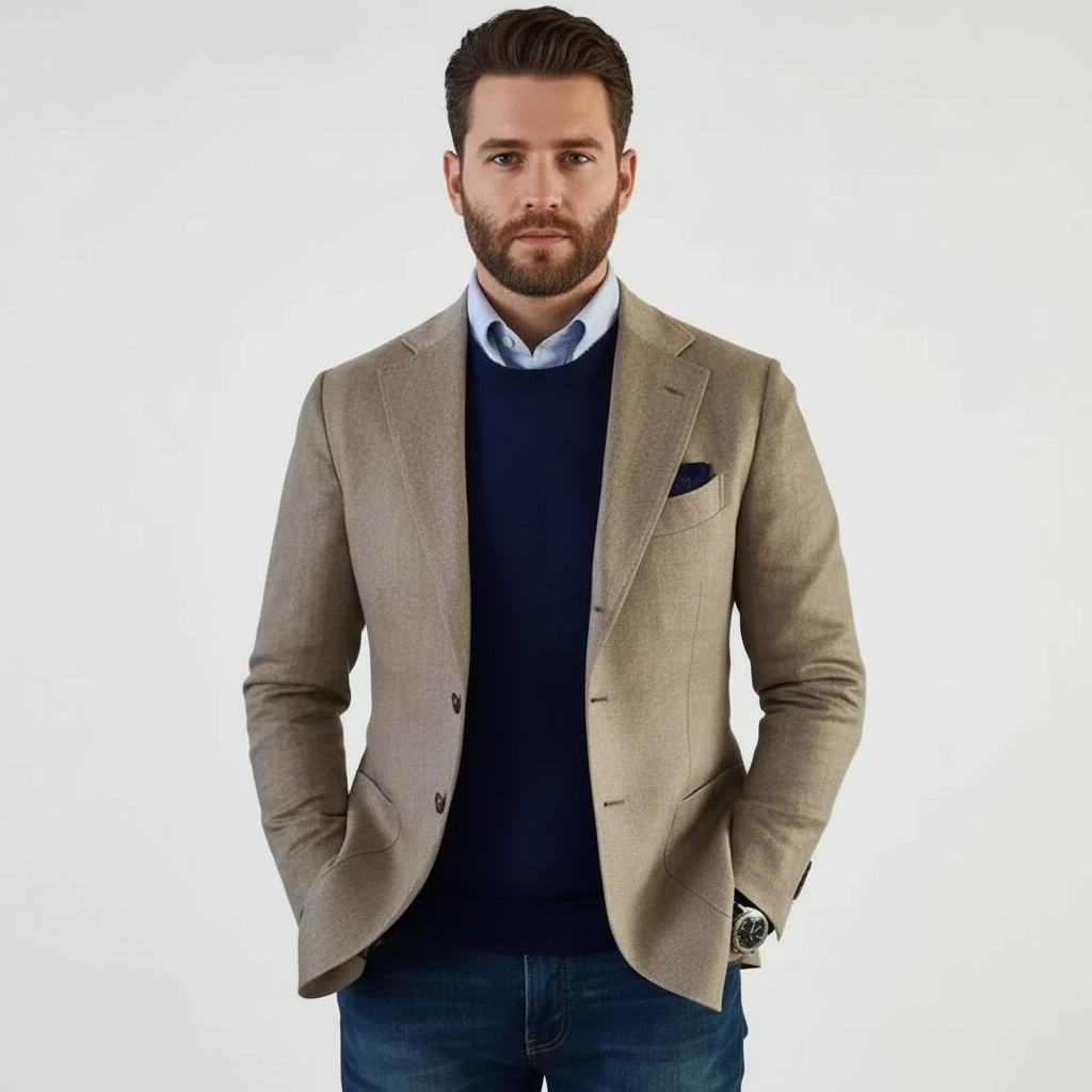 Men's notch lapel blazer with button front, long sleeves and flap pockets