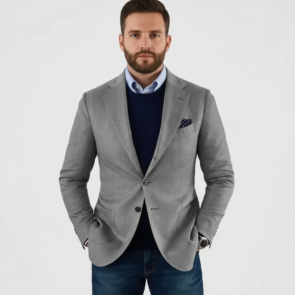 Men's notch lapel blazer with button front, long sleeves and flap pockets
