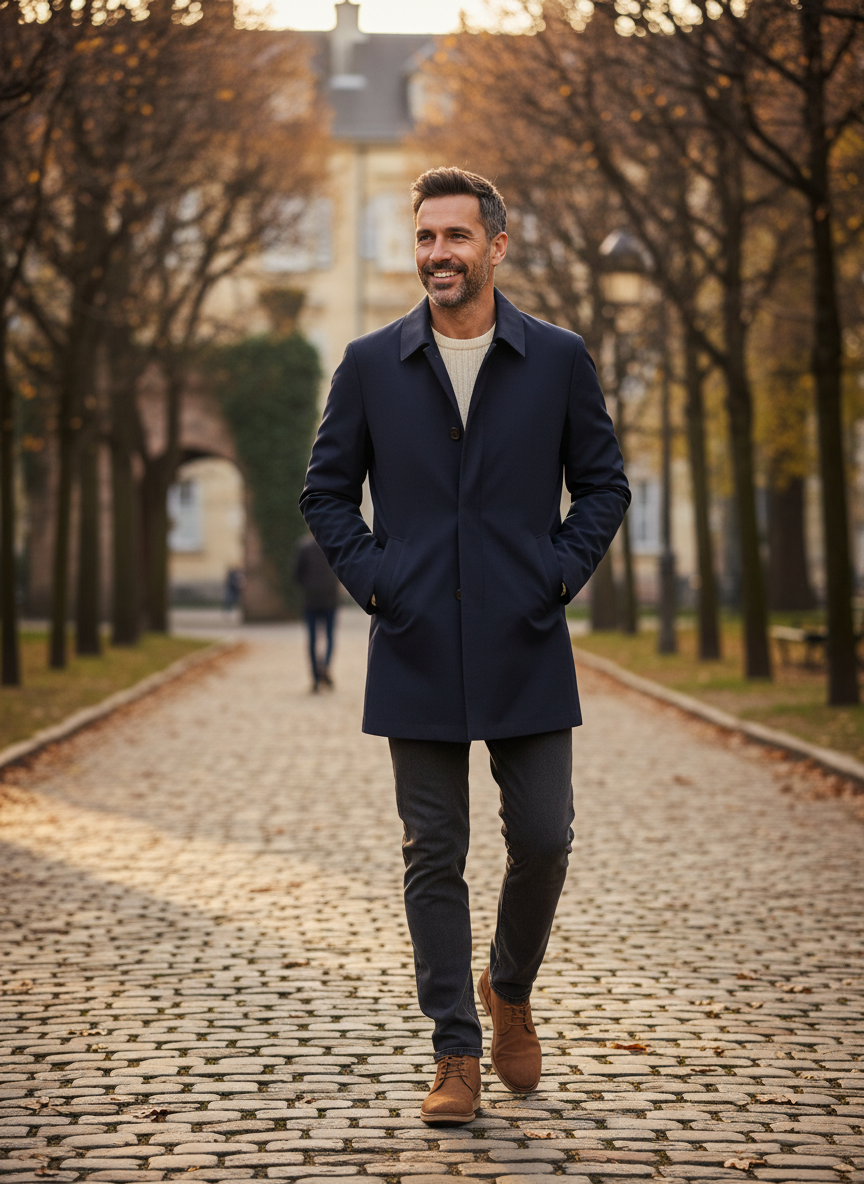 Men's button-front trench coat with pointed collar and side pockets