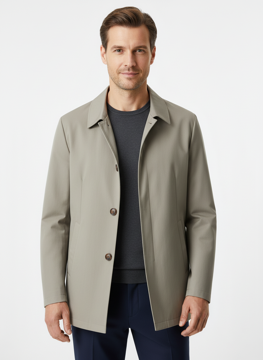 Men's button-front trench coat with pointed collar and side pockets