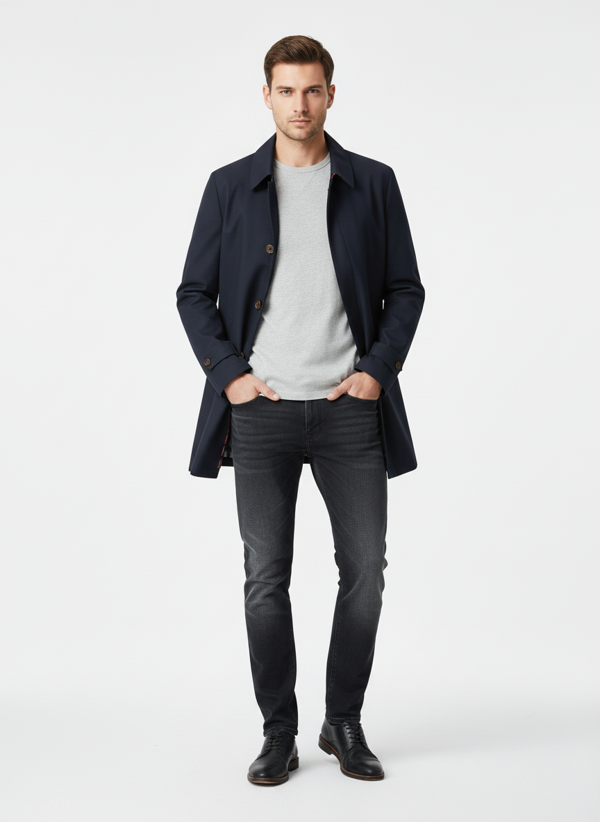 Men's button-front trench coat with pointed collar and side pockets