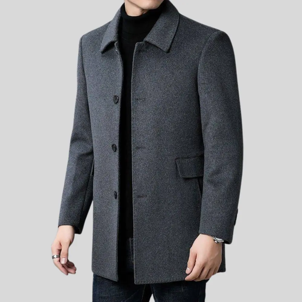 Men's long button-front overcoat with notched collar and flap pockets